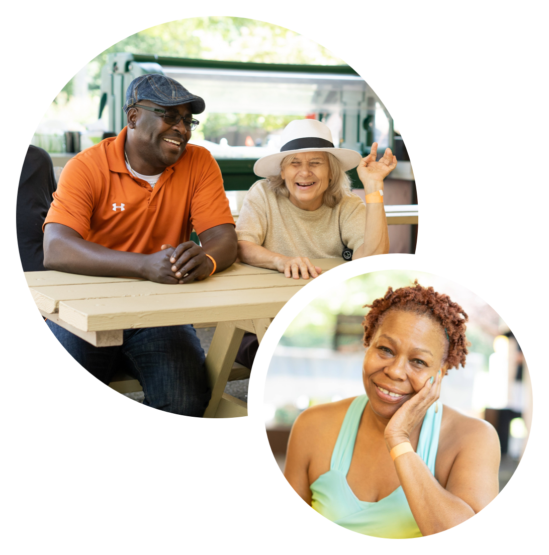 One circle with Man and woman sitting at table and another circle with single woman smiling